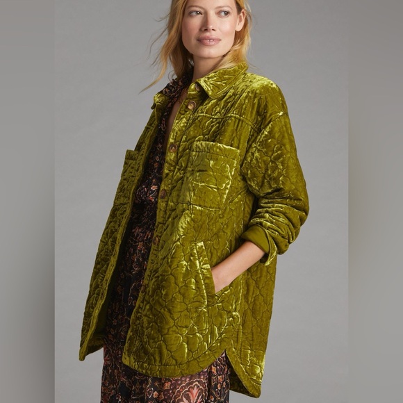 Anthropologie Velvet Olive Green Quilted Jacket - Picture 2 of 7